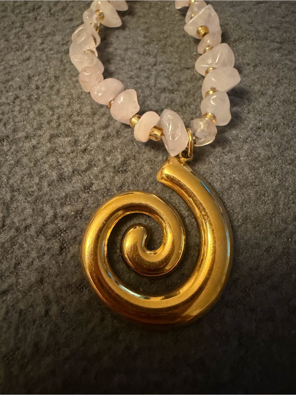 Gold tone Spiral Pendant Necklace with Rose Quartz Beads - Picture 2 of 4